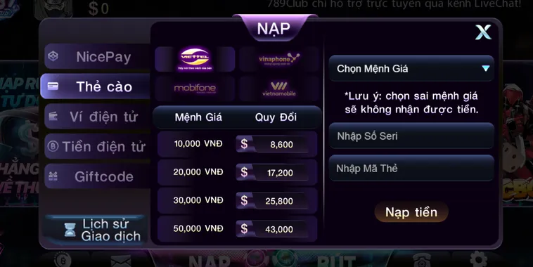 Hướng dẫn nạp tiền qua thẻ cào tại 789Club theo quy trình chuẩn.