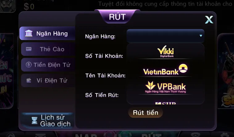 Rút Tiền 789Club qua tài khoản ngân hàng - hỗ trợ mọi ngân hàng nội địa.